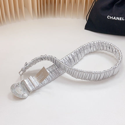CC ELASTIC 30 MM BELT HEART BUCKLE IN SILVER CHIFFON CALFSKIN SILVER HARDWARE ATTACH RHINSTONES