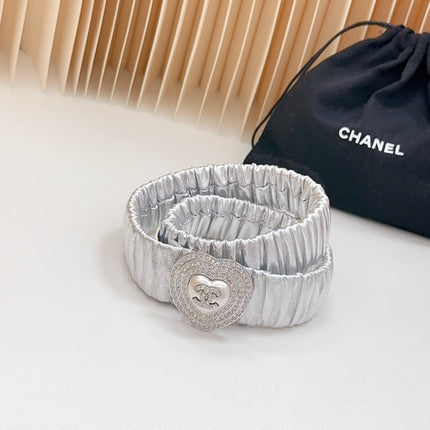 CC ELASTIC 30 MM BELT HEART BUCKLE IN SILVER CHIFFON CALFSKIN SILVER HARDWARE ATTACH RHINSTONES