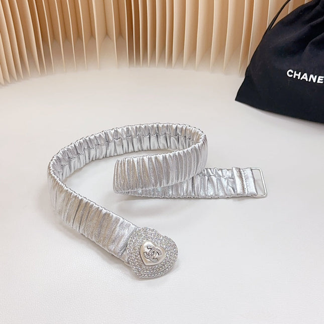CC ELASTIC 30 MM BELT HEART BUCKLE IN SILVER CHIFFON CALFSKIN SILVER HARDWARE ATTACH RHINSTONES