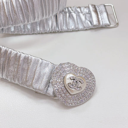 CC ELASTIC 30 MM BELT HEART BUCKLE IN SILVER CHIFFON CALFSKIN SILVER HARDWARE ATTACH RHINSTONES