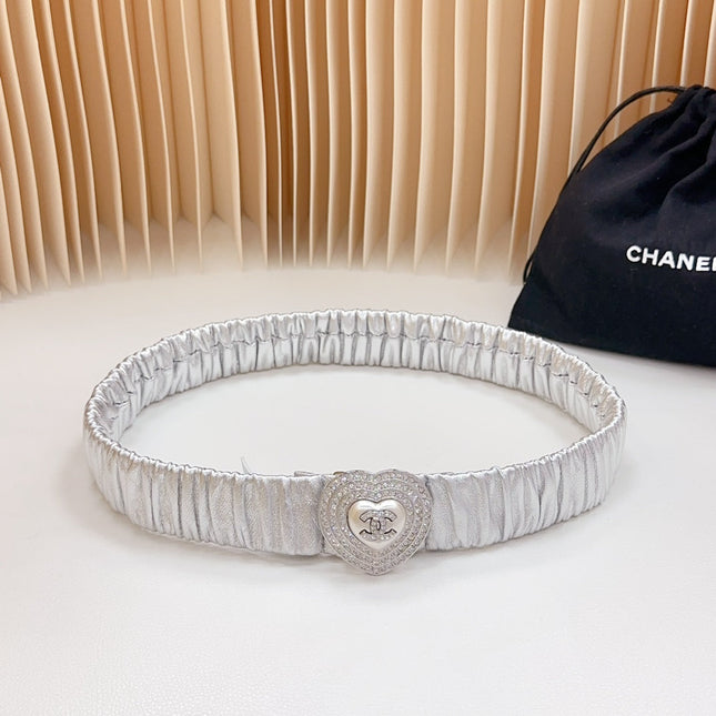 CC ELASTIC 30 MM BELT HEART BUCKLE IN SILVER CHIFFON CALFSKIN SILVER HARDWARE ATTACH RHINSTONES