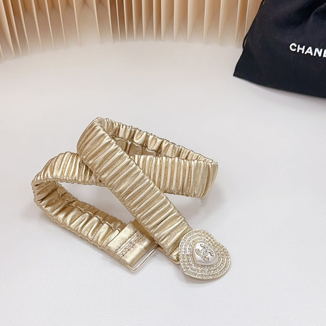 CC ELASTIC 30 MM BELT HEART BUCKLE IN GOLDEN CHIFFON CALFSKIN GOLD HARDWARE ATTACH RHINSTONES