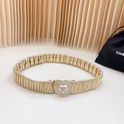 CC ELASTIC 30 MM BELT HEART BUCKLE IN GOLDEN CHIFFON CALFSKIN GOLD HARDWARE ATTACH RHINSTONES