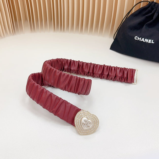 CC ELASTIC 30 MM BELT HEART BUCKLE IN BLOOD RED CALFSKIN GOLD HARDWARE ATTACH RHINSTONES