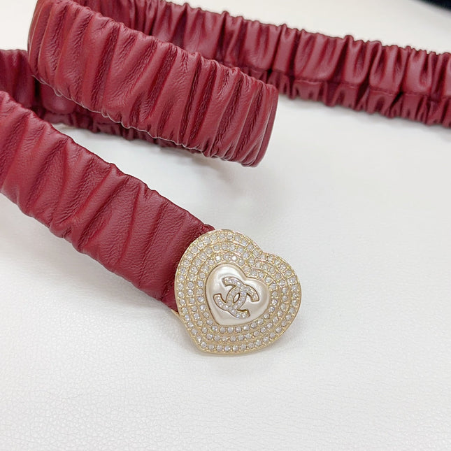 CC ELASTIC 30 MM BELT HEART BUCKLE IN BLOOD RED CALFSKIN GOLD HARDWARE ATTACH RHINSTONES