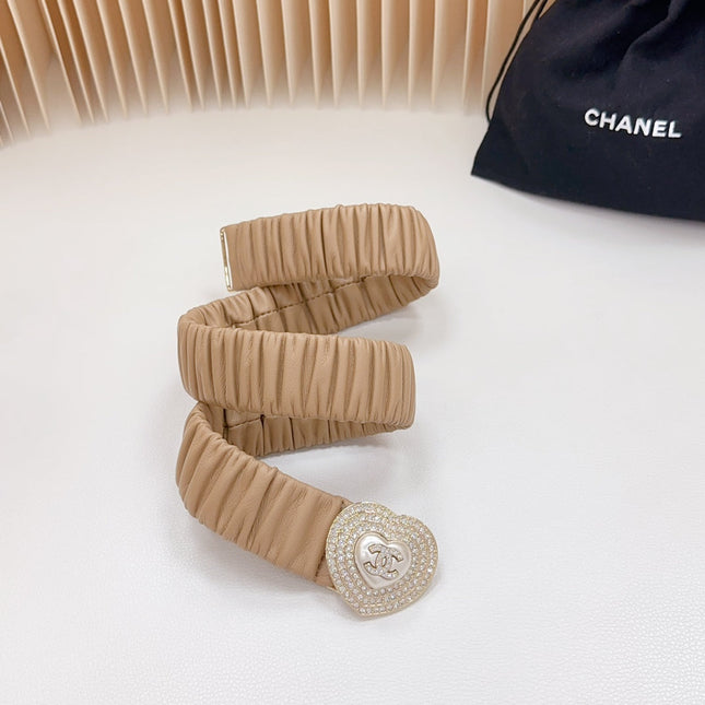 CC ELASTIC 30 MM BELT HEART BUCKLE IN CAMEL BROWN CALFSKIN GOLD HARDWARE ATTACH RHINSTONES