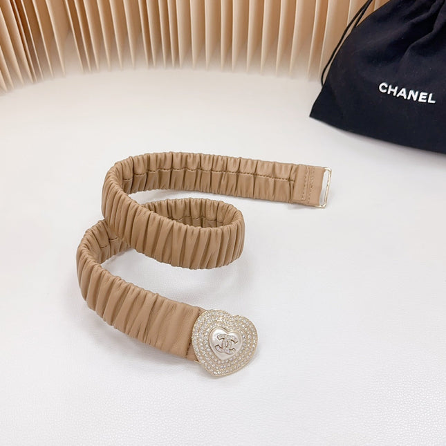 CC ELASTIC 30 MM BELT HEART BUCKLE IN CAMEL BROWN CALFSKIN GOLD HARDWARE ATTACH RHINSTONES