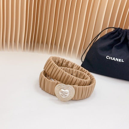 CC ELASTIC 30 MM BELT HEART BUCKLE IN CAMEL BROWN CALFSKIN GOLD HARDWARE ATTACH RHINSTONES