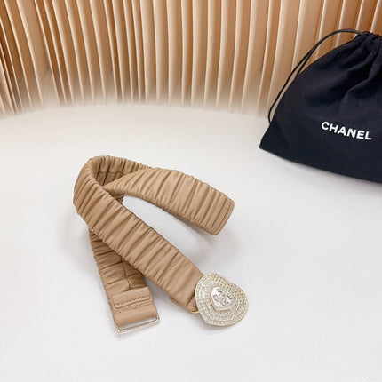 CC ELASTIC 30 MM BELT HEART BUCKLE IN CAMEL BROWN CALFSKIN GOLD HARDWARE ATTACH RHINSTONES