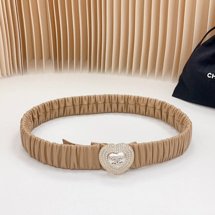 CC ELASTIC 30 MM BELT HEART BUCKLE IN CAMEL BROWN CALFSKIN GOLD HARDWARE ATTACH RHINSTONES