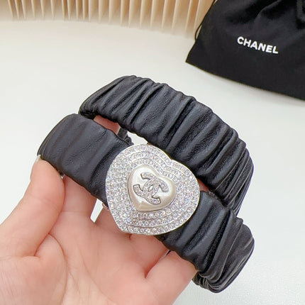 CC ELASTIC 30 MM BELT HEART BUCKLE IN BLACK CALFSKIN SILVER HARDWARE ATTACH RHINSTONES