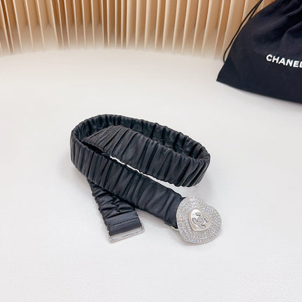 CC ELASTIC 30 MM BELT HEART BUCKLE IN BLACK CALFSKIN SILVER HARDWARE ATTACH RHINSTONES