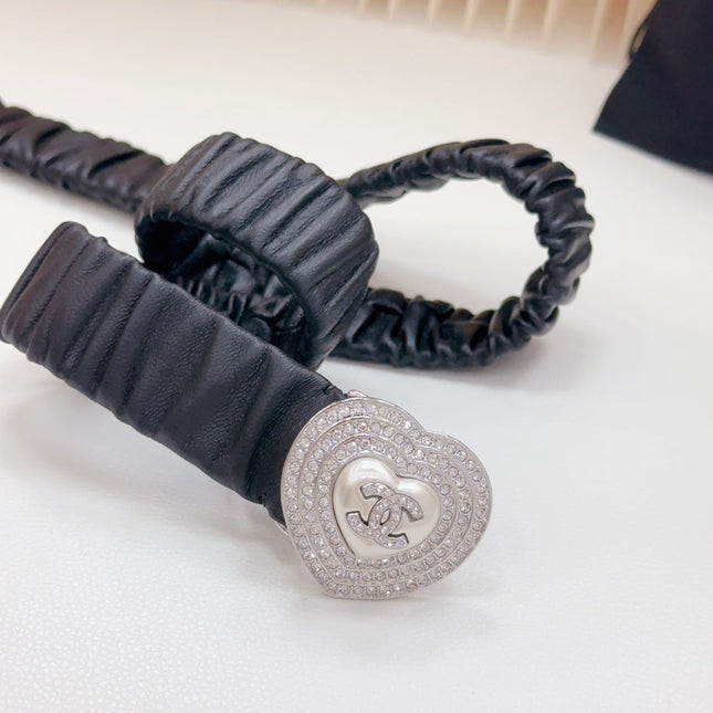 CC ELASTIC 30 MM BELT HEART BUCKLE IN BLACK CALFSKIN SILVER HARDWARE ATTACH RHINSTONES