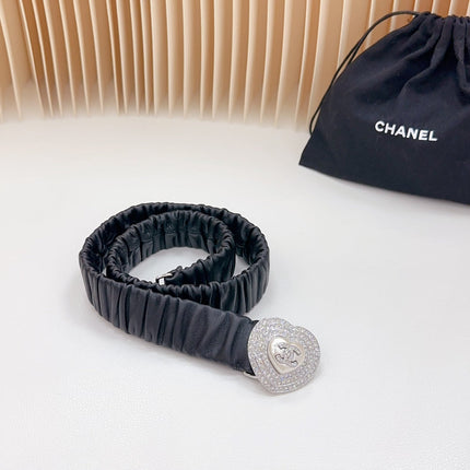 CC ELASTIC 30 MM BELT HEART BUCKLE IN BLACK CALFSKIN SILVER HARDWARE ATTACH RHINSTONES