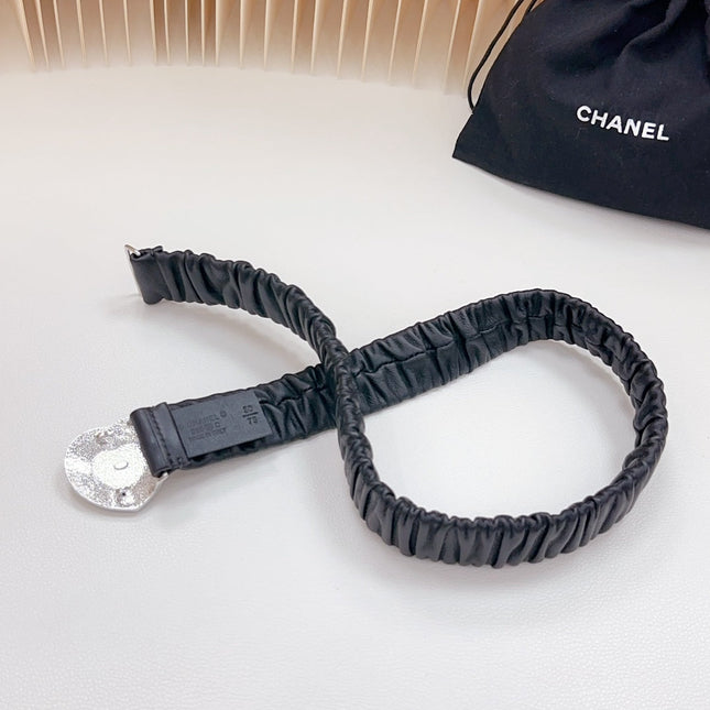 CC ELASTIC 30 MM BELT HEART BUCKLE IN BLACK CALFSKIN SILVER HARDWARE ATTACH RHINSTONES