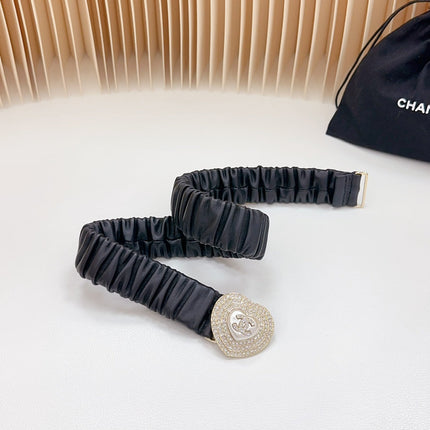 CC ELASTIC 30 MM BELT HEART BUCKLE IN BLACK CALFSKIN GOLD HARDWARE ATTACH RHINSTONES