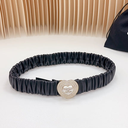 CC ELASTIC 30 MM BELT HEART BUCKLE IN BLACK CALFSKIN GOLD HARDWARE ATTACH RHINSTONES