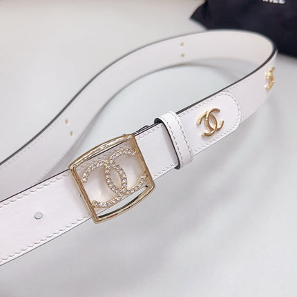 CC 30 MM BELT SQUARE BUCKLE IN WHITE EMBROIDERED CALFSKIN GOLD HARDWARE ATTACH RHINSTONES