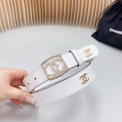 CC 30 MM BELT SQUARE BUCKLE IN WHITE EMBROIDERED CALFSKIN GOLD HARDWARE ATTACH RHINSTONES