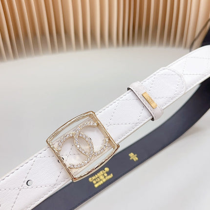 CC 30 MM BELT SQUARE BUCKLE IN WHITE EMBROIDERED CALFSKIN GOLD HARDWARE ATTACH RHINSTONES