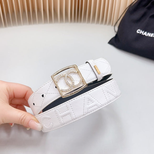 CC 30 MM BELT SQUARE BUCKLE IN WHITE EMBROIDERED CALFSKIN GOLD HARDWARE ATTACH RHINSTONES