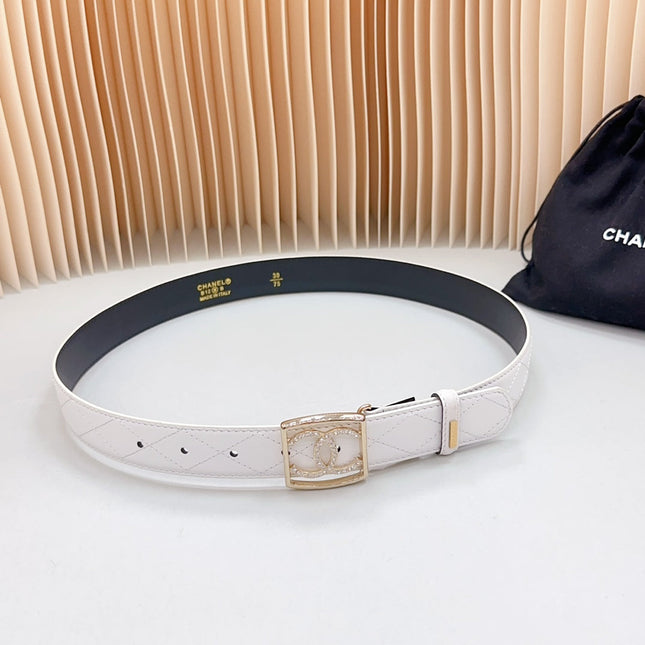CC 30 MM BELT SQUARE BUCKLE IN WHITE EMBROIDERED CALFSKIN GOLD HARDWARE ATTACH RHINSTONES