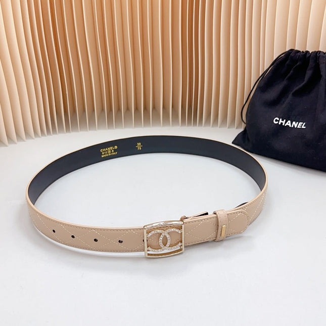 CC 30 MM BELT SQUARE BUCKLE IN BISQUE BEIGE EMBROIDERED CALFSKIN GOLD HARDWARE ATTACH RHINSTONES