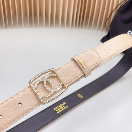 CC 30 MM BELT SQUARE BUCKLE IN BISQUE BEIGE EMBROIDERED CALFSKIN GOLD HARDWARE ATTACH RHINSTONES