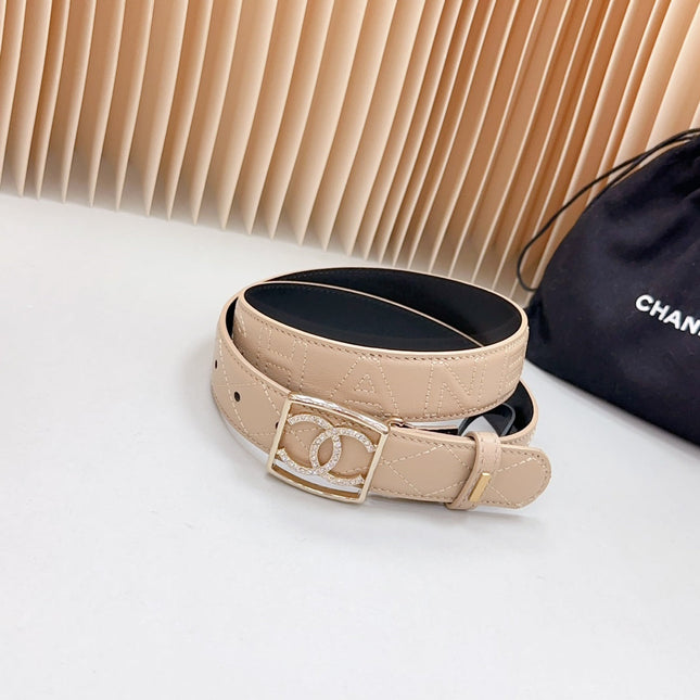 CC 30 MM BELT SQUARE BUCKLE IN BISQUE BEIGE EMBROIDERED CALFSKIN GOLD HARDWARE ATTACH RHINSTONES
