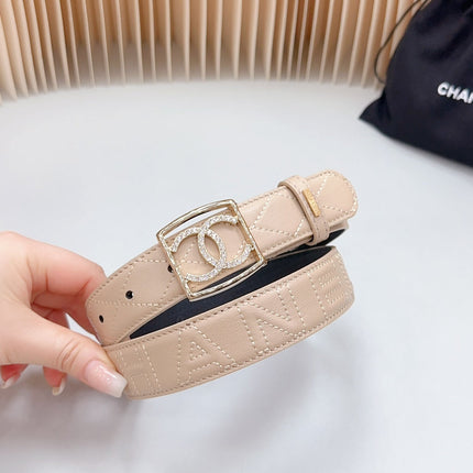 CC 30 MM BELT SQUARE BUCKLE IN BISQUE BEIGE EMBROIDERED CALFSKIN GOLD HARDWARE ATTACH RHINSTONES