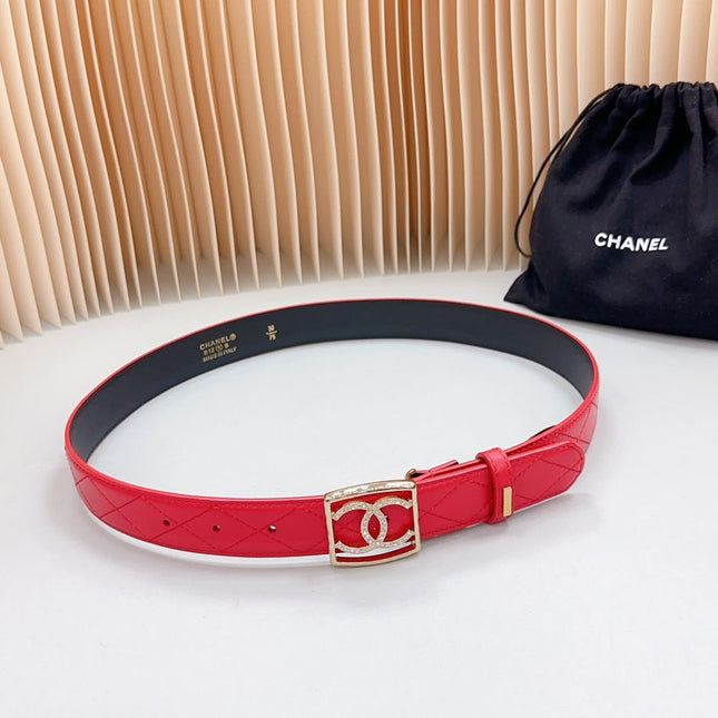 CC 30 MM BELT SQUARE BUCKLE IN CRIMSON RED EMBROIDERED CALFSKIN GOLD HARDWARE ATTACH RHINSTONES