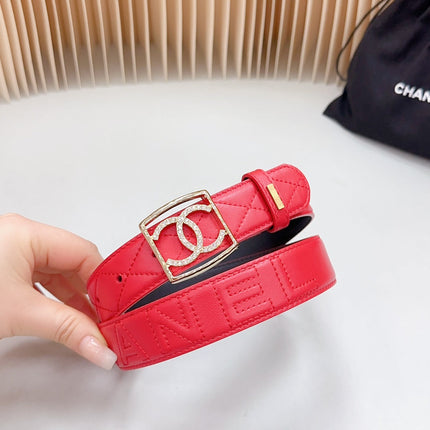 CC 30 MM BELT SQUARE BUCKLE IN CRIMSON RED EMBROIDERED CALFSKIN GOLD HARDWARE ATTACH RHINSTONES