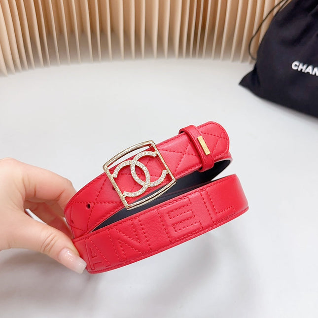 CC 30 MM BELT SQUARE BUCKLE IN CRIMSON RED EMBROIDERED CALFSKIN GOLD HARDWARE ATTACH RHINSTONES