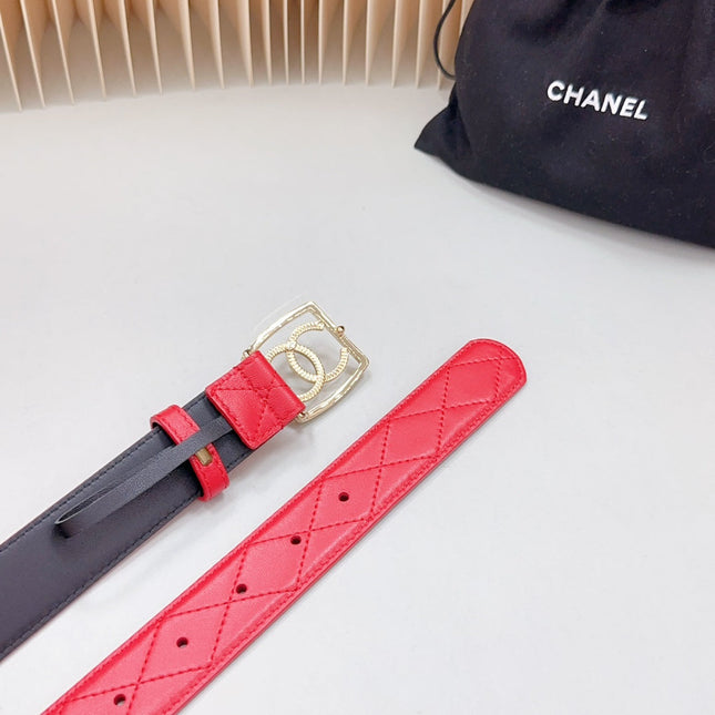 CC 30 MM BELT SQUARE BUCKLE IN CRIMSON RED EMBROIDERED CALFSKIN GOLD HARDWARE ATTACH RHINSTONES