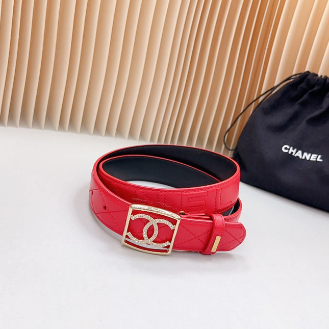 CC 30 MM BELT SQUARE BUCKLE IN CRIMSON RED EMBROIDERED CALFSKIN GOLD HARDWARE ATTACH RHINSTONES