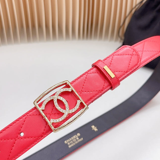 CC 30 MM BELT SQUARE BUCKLE IN CRIMSON RED EMBROIDERED CALFSKIN GOLD HARDWARE ATTACH RHINSTONES