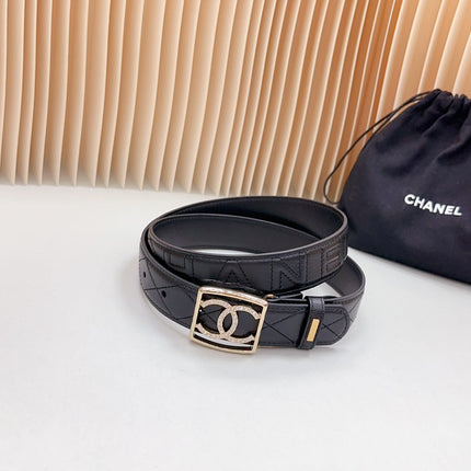 CC 30 MM BELT SQUARE BUCKLE IN BLACK EMBROIDERED CALFSKIN GOLD HARDWARE ATTACH RHINSTONES