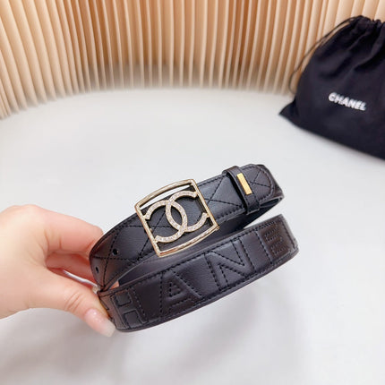 CC 30 MM BELT SQUARE BUCKLE IN BLACK EMBROIDERED CALFSKIN GOLD HARDWARE ATTACH RHINSTONES