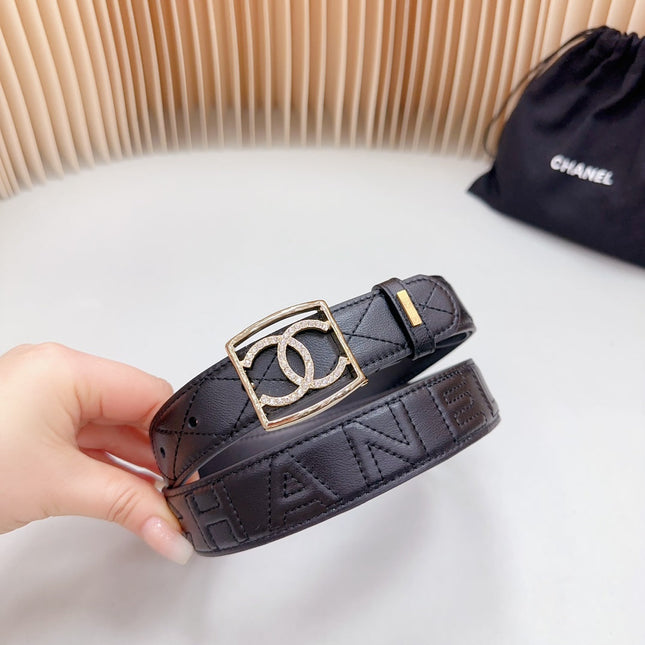 CC 30 MM BELT SQUARE BUCKLE IN BLACK EMBROIDERED CALFSKIN GOLD HARDWARE ATTACH RHINSTONES
