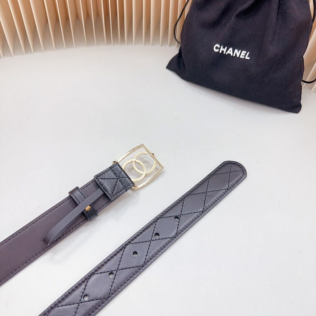 CC 30 MM BELT SQUARE BUCKLE IN BLACK EMBROIDERED CALFSKIN GOLD HARDWARE ATTACH RHINSTONES
