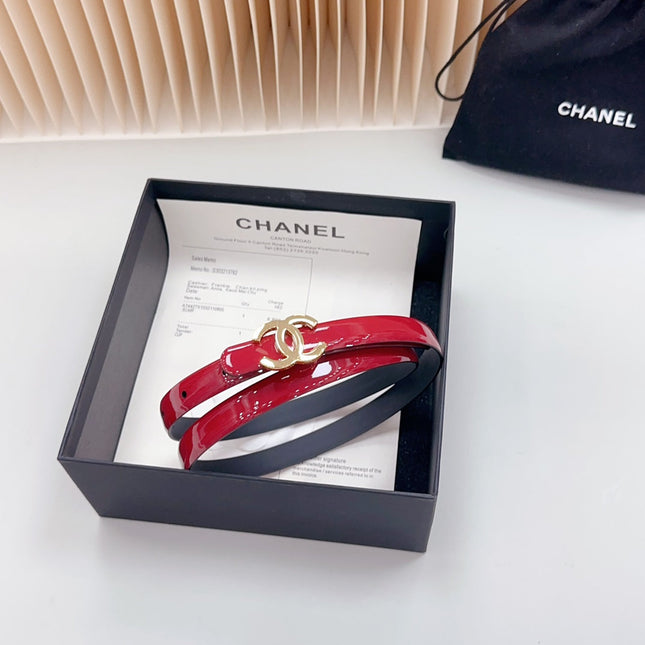 CC BELT 15 MM IN CHERRY RED GLOSSY CALFSKIN WITH GOLD HARDWARE