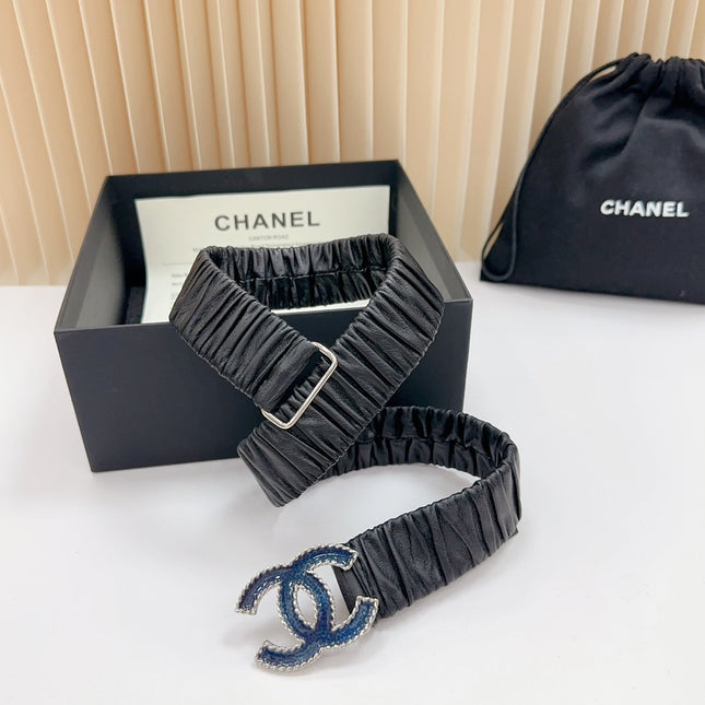 CC 30 MM ELASTIC BELT IN BLACK CALFSKIN SILVER MIX BLUE HARDWARE