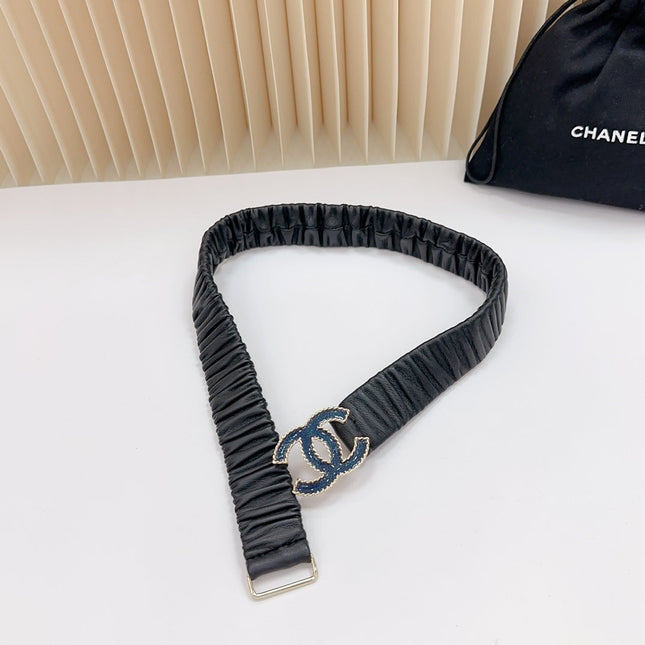 CC 30 MM ELASTIC BELT IN BLACK CALFSKIN GOLD MIX BLUE HARDWARE