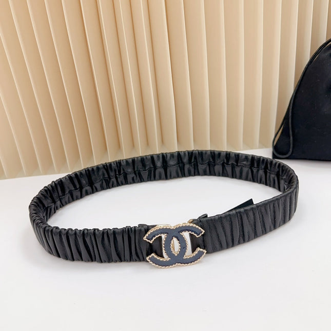CC 30 MM ELASTIC BELT IN BLACK CALFSKIN GOLD MIX BLUE HARDWARE