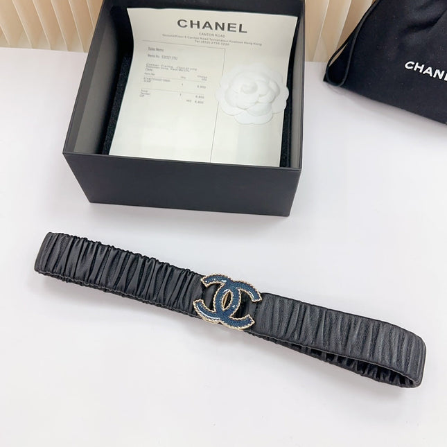 CC 30 MM ELASTIC BELT IN BLACK CALFSKIN GOLD MIX BLUE HARDWARE