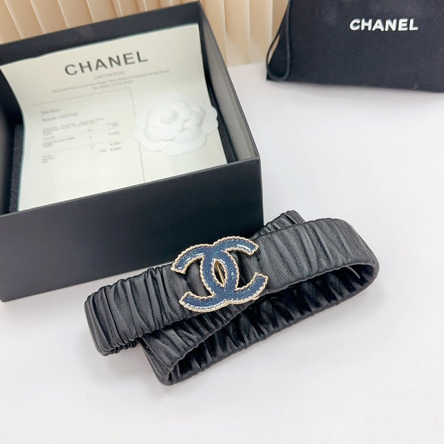 CC 30 MM ELASTIC BELT IN BLACK CALFSKIN GOLD MIX BLUE HARDWARE