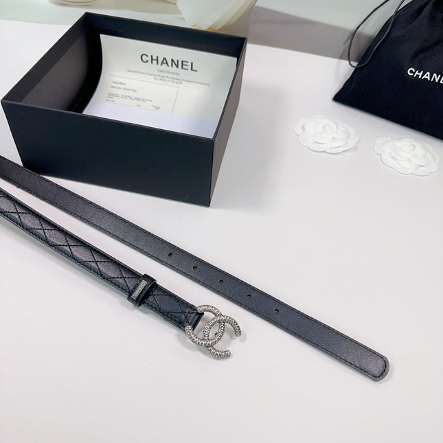 CC BELT 20 MM IN BLACK EMBROIDERED CALFSKIN WITH SILVER HARDWARE