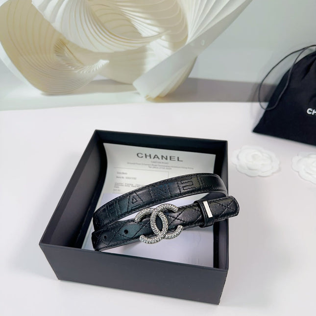 CC BELT 20 MM IN BLACK EMBROIDERED CALFSKIN WITH SILVER HARDWARE