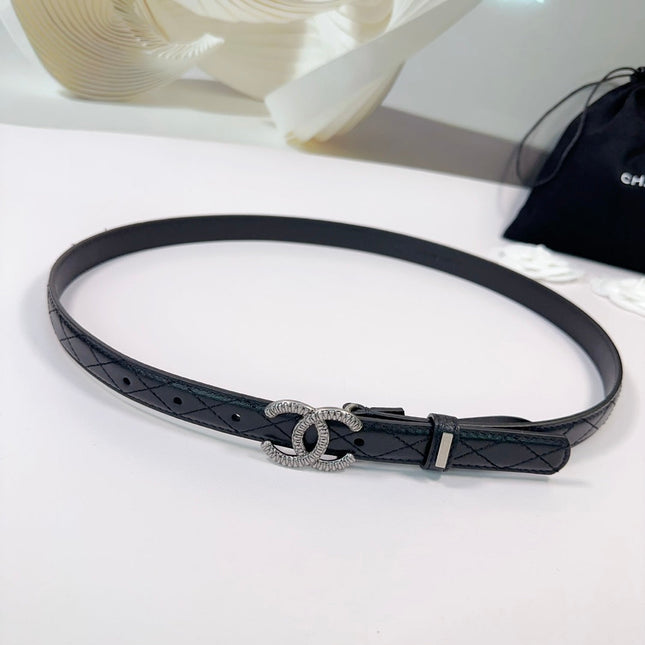 CC BELT 20 MM IN BLACK EMBROIDERED CALFSKIN WITH SILVER HARDWARE