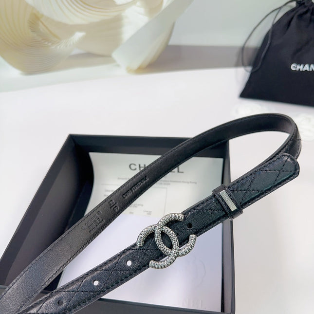 CC BELT 20 MM IN BLACK EMBROIDERED CALFSKIN WITH SILVER HARDWARE